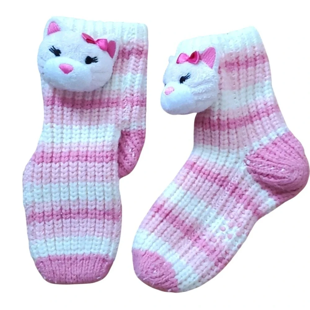 Girls Knitted Pink Striped Cat Nonslip Sock‎ Slippers